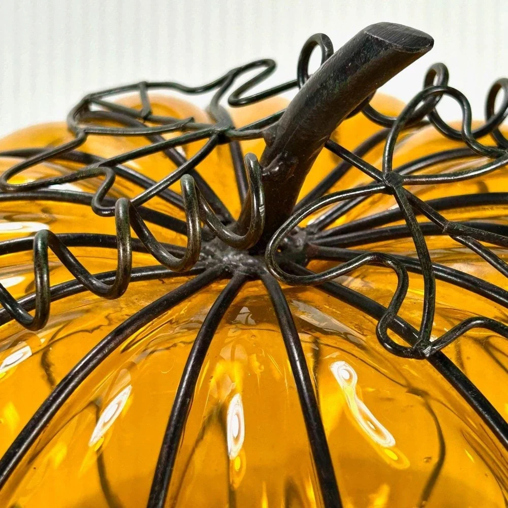 Hand-Blown Amber Glass Metal Caged Pumpkin Decor/Shade/Candle Lantern Halloween